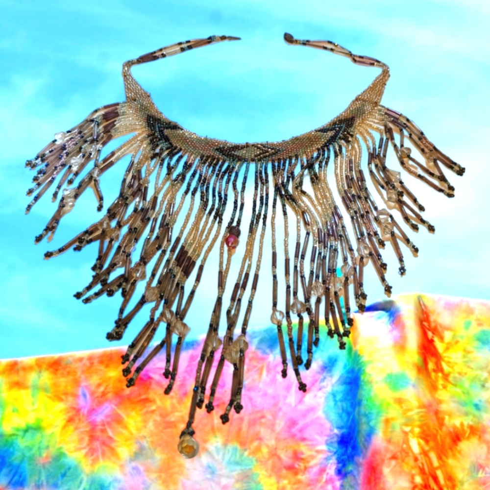 Vintage Bohohippie handcrafted beaded fringe necklace - Picture 2 of 14